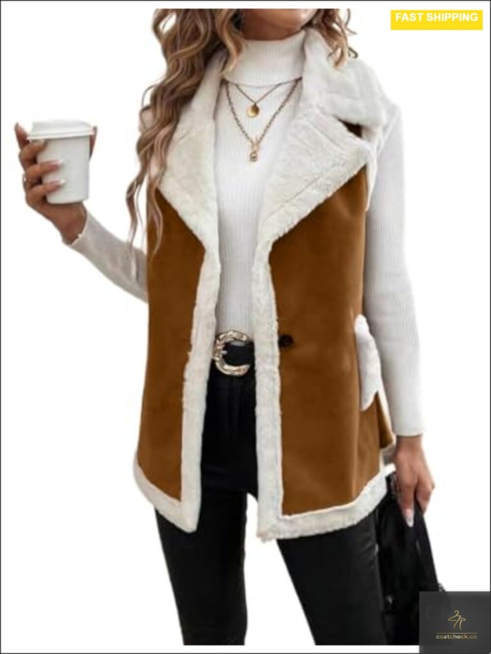 Vintage Chic Suede Vest Women Faux Fur Sherpa Lined Warm Winter Coat Outerwear